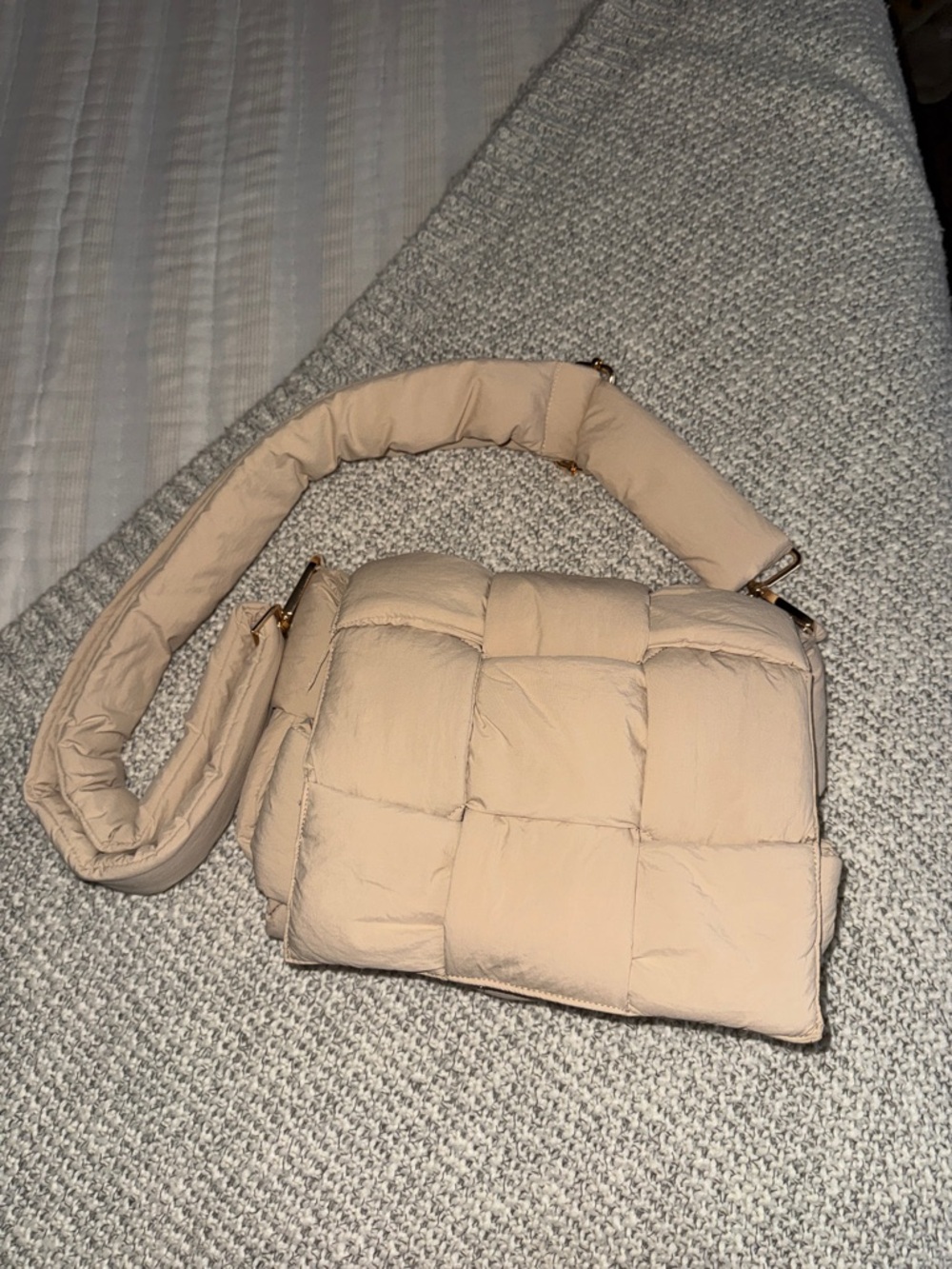 Padded Quilted Shoulder Bag in Beige